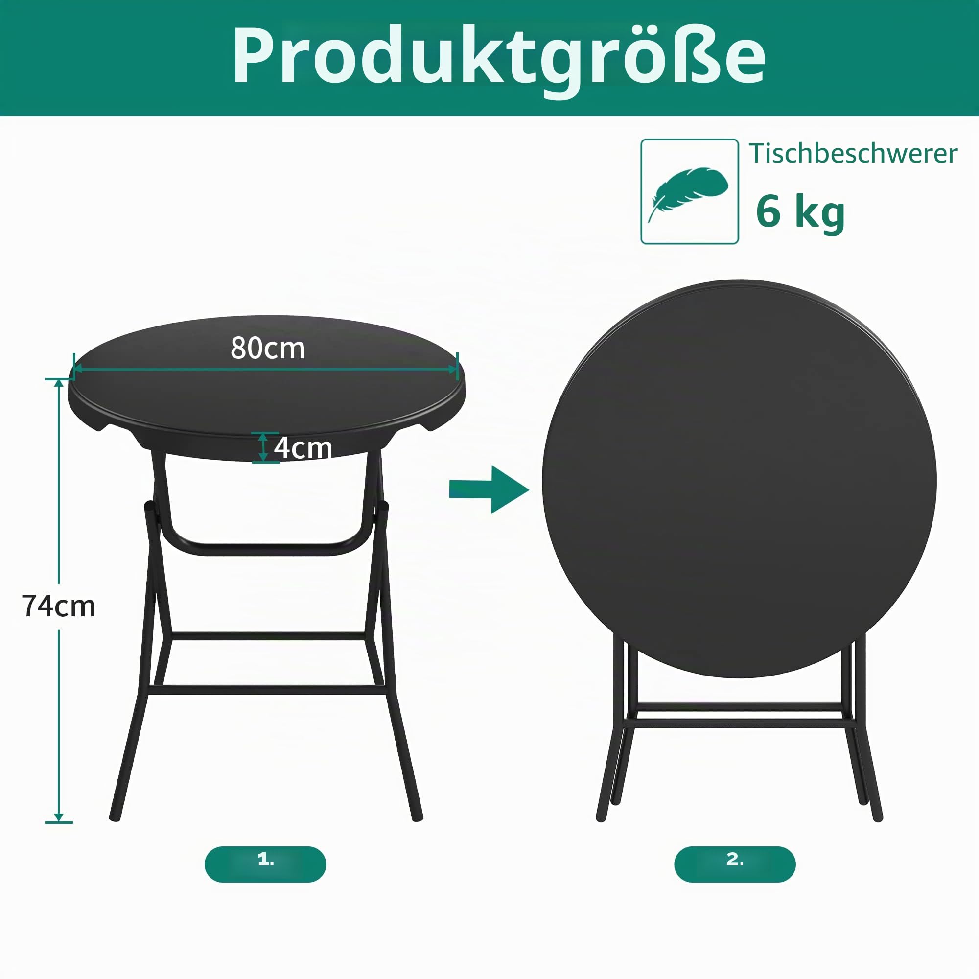 YITAHOME 80cm Gartentisch, Runder Klapptisch, Balkontisch Klappbar, Campingtisch Wetterfest für Outdoor Party Strand BBQ, mit Rostfreie Metallrahmen, 80 x 80 x 74cm, Schwarz