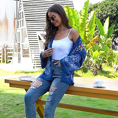 Women Enchanting Blue Embroidered Open Front Cardigan Jacket Mexican Tops Loose Casual Long Sleeve Fashionable Shawl #TOP4