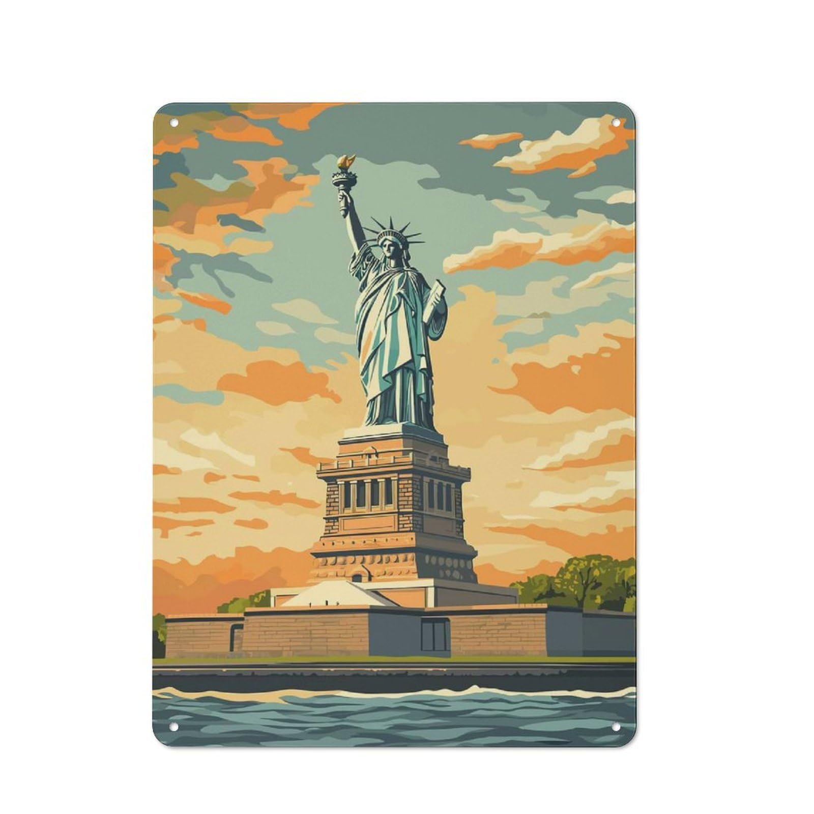 Junmoney Style-18 Tin Wall Sign With Statue Of Liberty Sunset Design 40X30cm, Cosy Cafe Wall Decor For Kitchen, Cafe, Pantry Or Dining Room