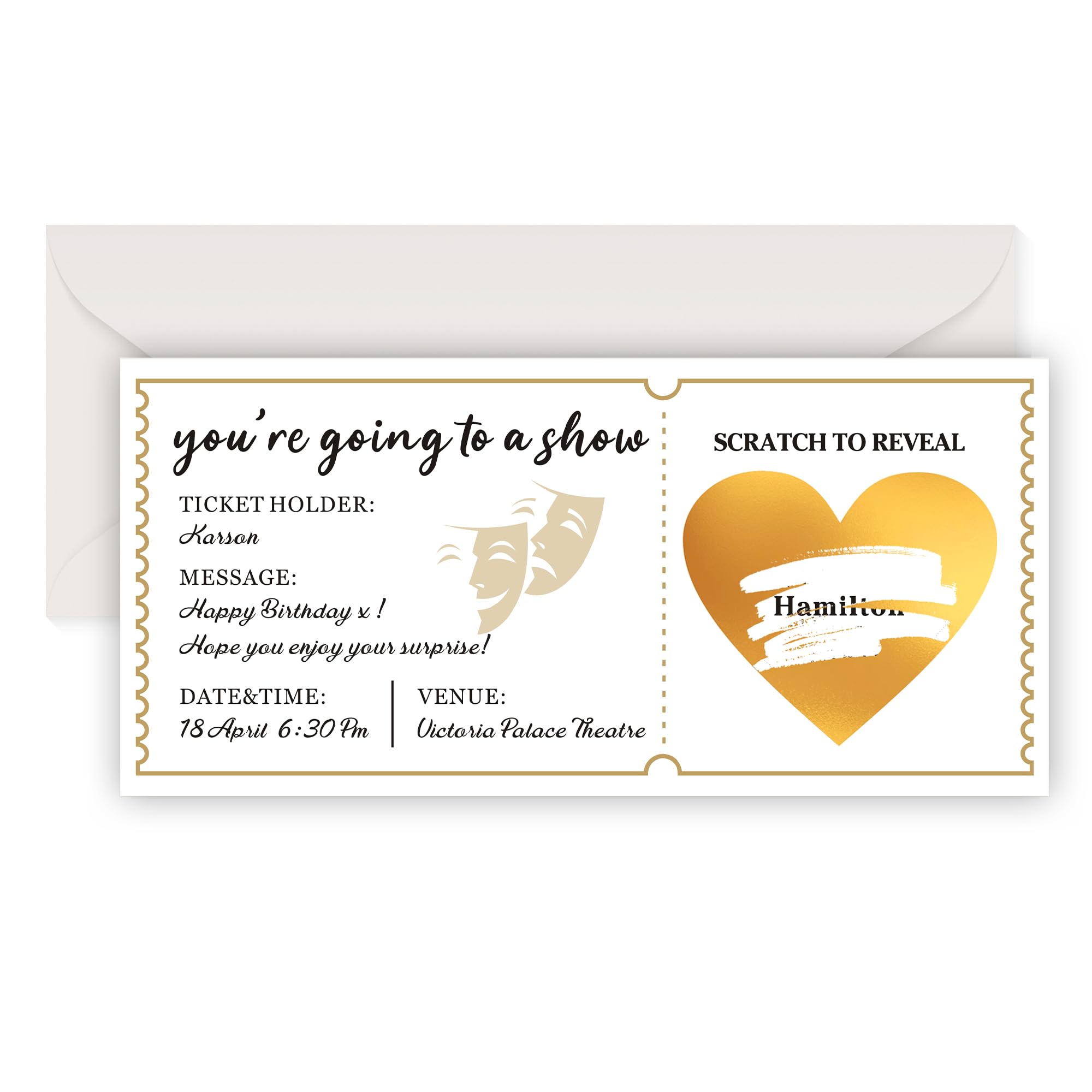 EDSG Personalised Scratch Card Reveal Theatre Ticket, Surprise Scratch Cards Show Reveal Ticket with Envelope, Scratch-off Card Musical Theatre Gifts for Husband Wife Boyfriend (Design 3)