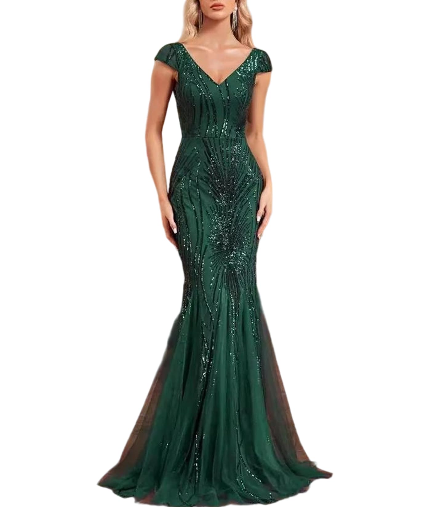 Glamorous Sequin Mermaid Dress Dark Blue- Cap Sleeve V - Neck Evening Gown for Parties Galas