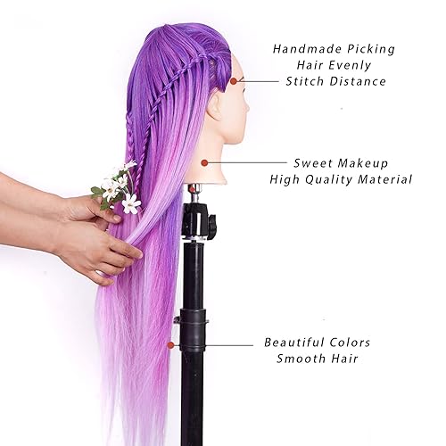 Miniatura 15 de Cabezal de entrenamiento de 26 a 28 pulgadas, cabeza de maniquí para peinado, cosmetología, cabeza de muñeca, fibra sintética, modelo de 60% Cabello