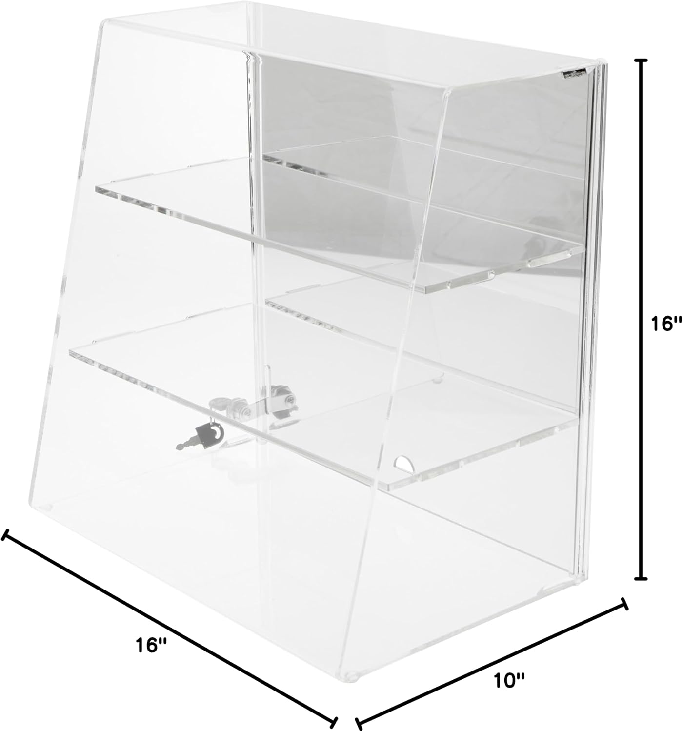 Plymor Clear Acrylic Locking Display Case with Slanted Front and Sliding Back, 2 Flat Shelves (Mirrored) 16" H x 16" W x 10" D