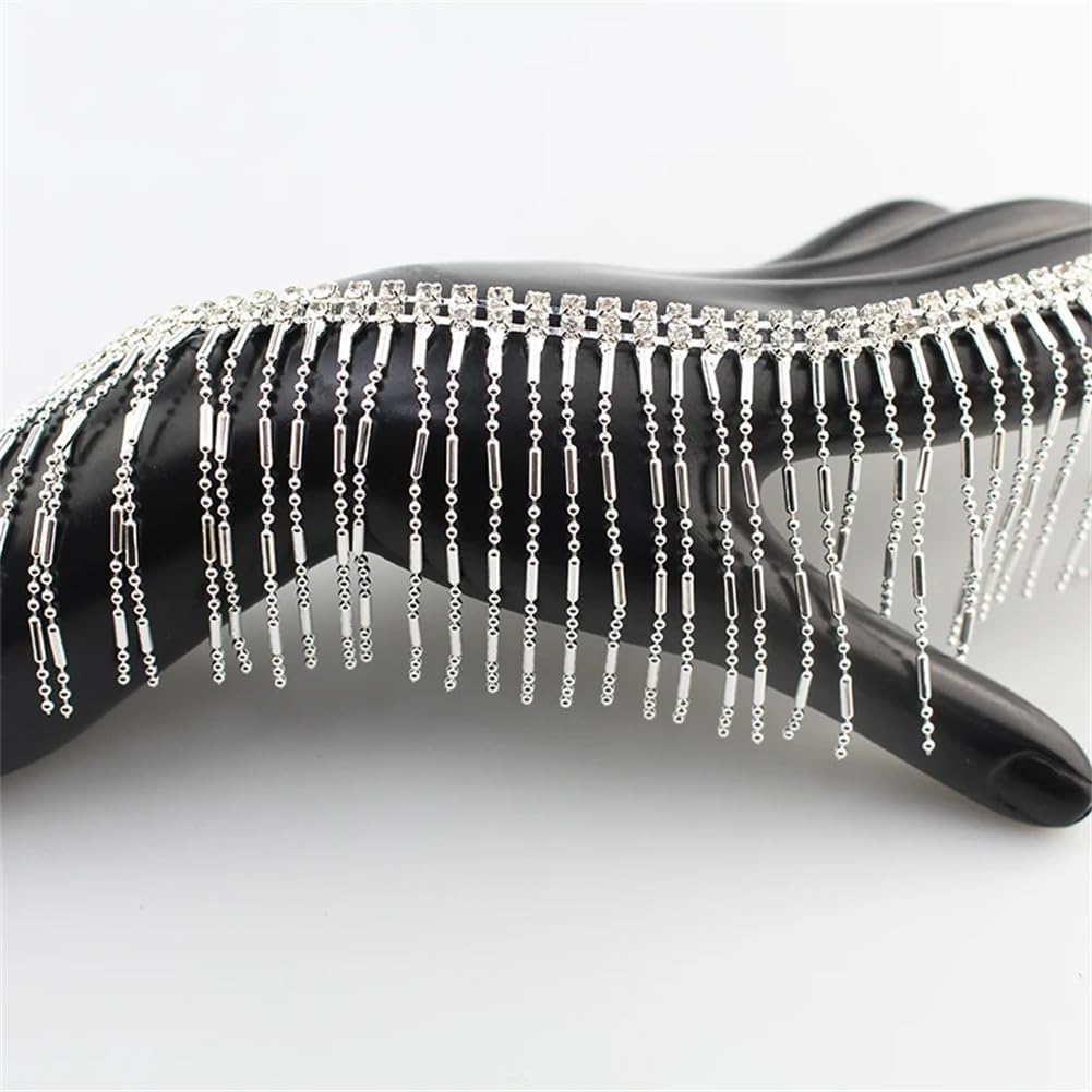 Generic 1/5Yards 5Cm Silver Metal Chain Tassel Crystal Rhinestone Trim for Clothing Shoes Decoration Silver 5 Yards