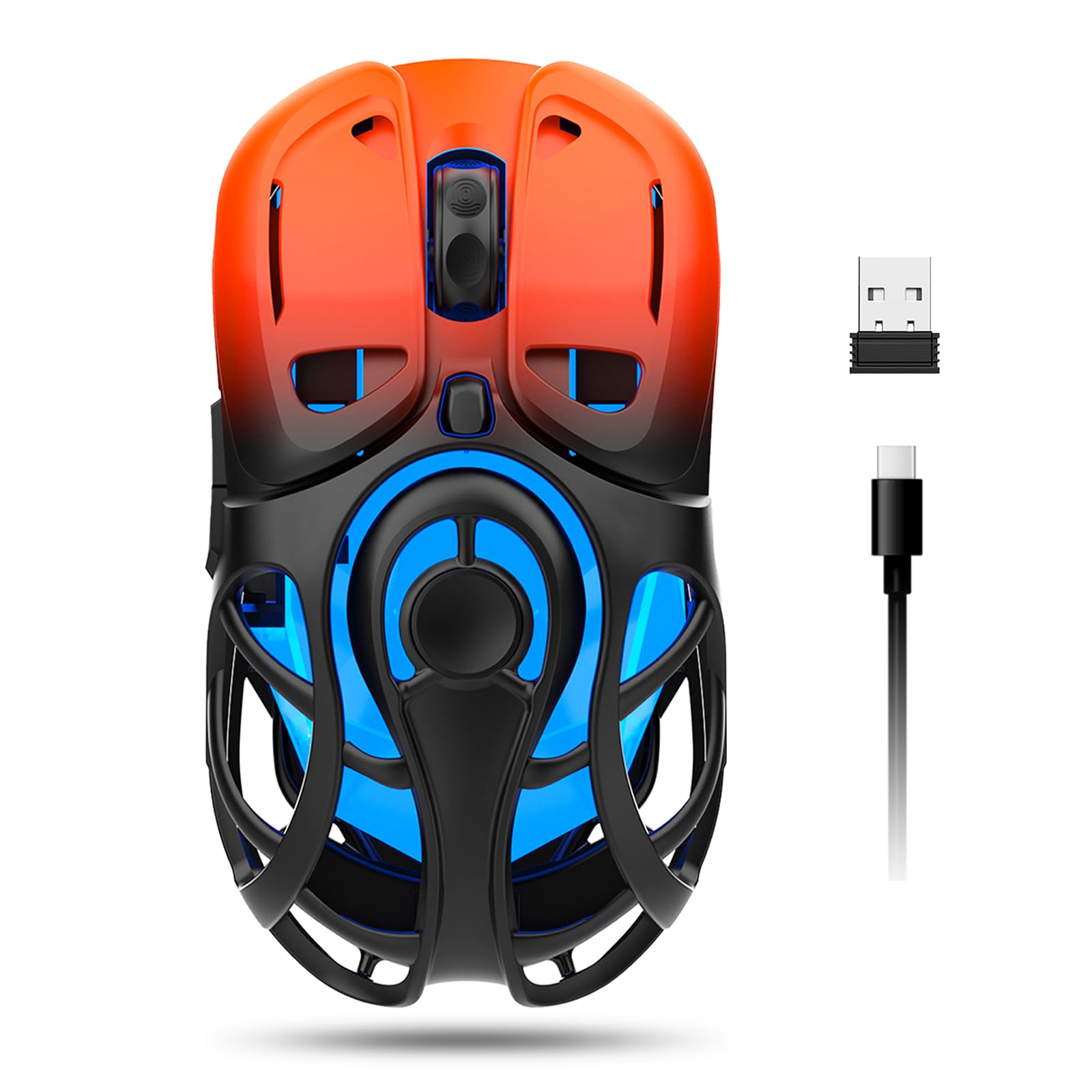 Mouse da gioco wireless fino a 10K DPI, mouse wireless Tri-Mode 2.4G/BT5.0/USB-C, 7 pulsanti programmabili, retroilluminazione RGB, mouse ergonomico ricaricabile per PC, Mac/laptop (arancione sfumato)