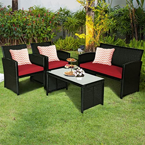 Lukeo 4Pcs Patio Rattan Furniture Conversation Set Cushion Sofa Table Garden Red Single Sofa Coffee Table #TOP3