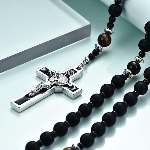 Miniatura 4 de Rosario de cuentas católicas hechas a mano de 0.315 pulgadas para hombre, collar de rosario negro grande con medalla milagrosa, rosarios, regalos