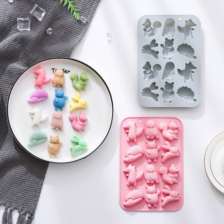2 Pack Squirrels, Hedgehogs, Rabbits Silicone Molds, Small Animals Themed Baking Moulds for Chocolate, Ice Cube, Cake, Dessert, Candy, Soap, Cupcake Topper, Jelly, Pudding, Wax Melts