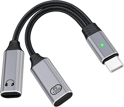 USB C Splitter 1 in 2 Out, Dual USB Type C Adapter - 2 in 1 Charger and Headphone Converter Cord Cable, PD 100W Type-C Male to Dual Female Headphones Splitter Dongle with in-Line Control