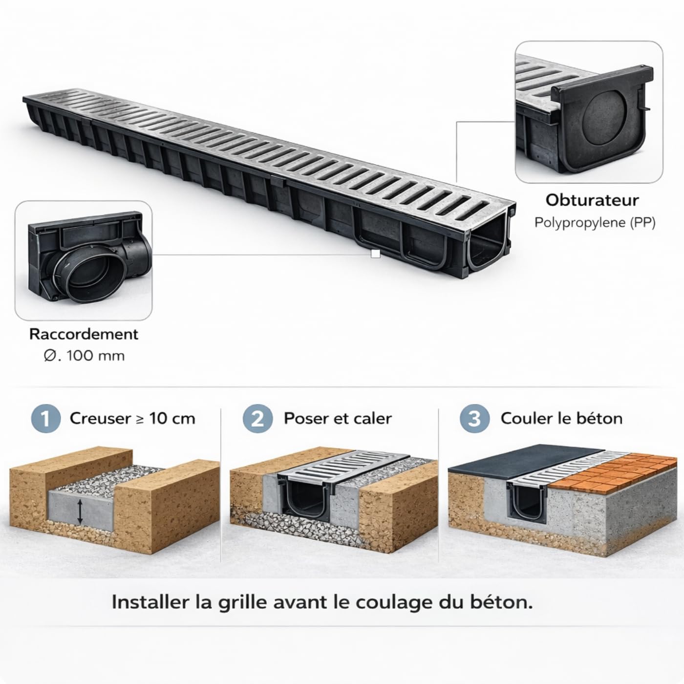 Jardibric - Kit Caniveau Drainage A15 3 m (Lot de 3 x 1 m) - Grille Acier Galvanisé - Jardin Terrasse