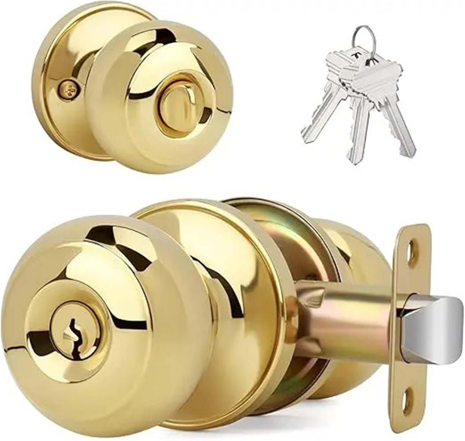 KDHCVKZ Flat Ball Door Knob with Keys and Lock, Keyed Entry Round Design Doorknob for Front/Entrance Doors, Polished Brass Finish