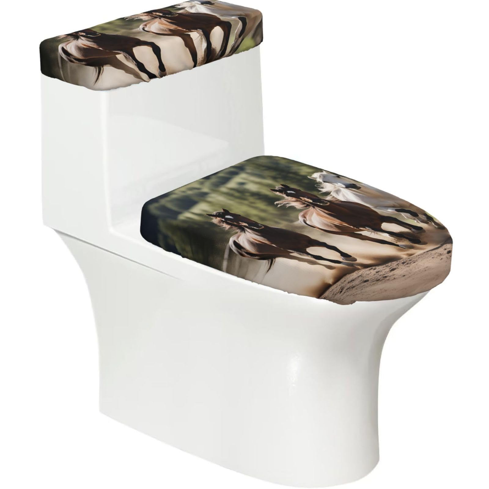 Three Running Horses Printed Toilet Tank and Lid Cover Set of 2 for Most Bathrooms, Fits Elongated Round Toilets