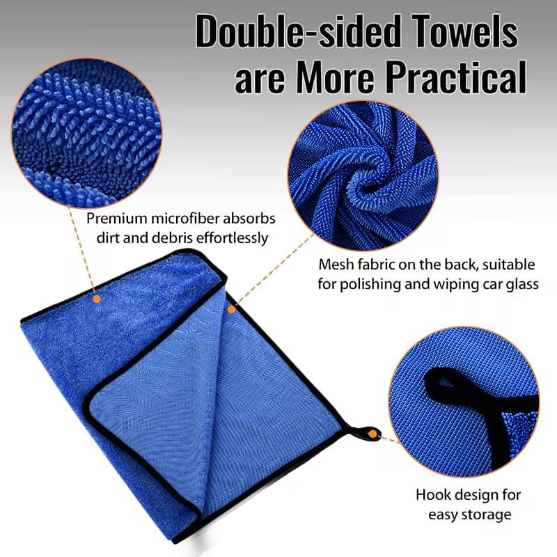 DIAOJIA 3 Pack Microfiber Car Towels (16" x 24"), 500 GSM Double-Sided Absorbent Coral Fleece Cloths for Washing, Drying & Cleaning, Streak-Free & Lint-Free (Blue)