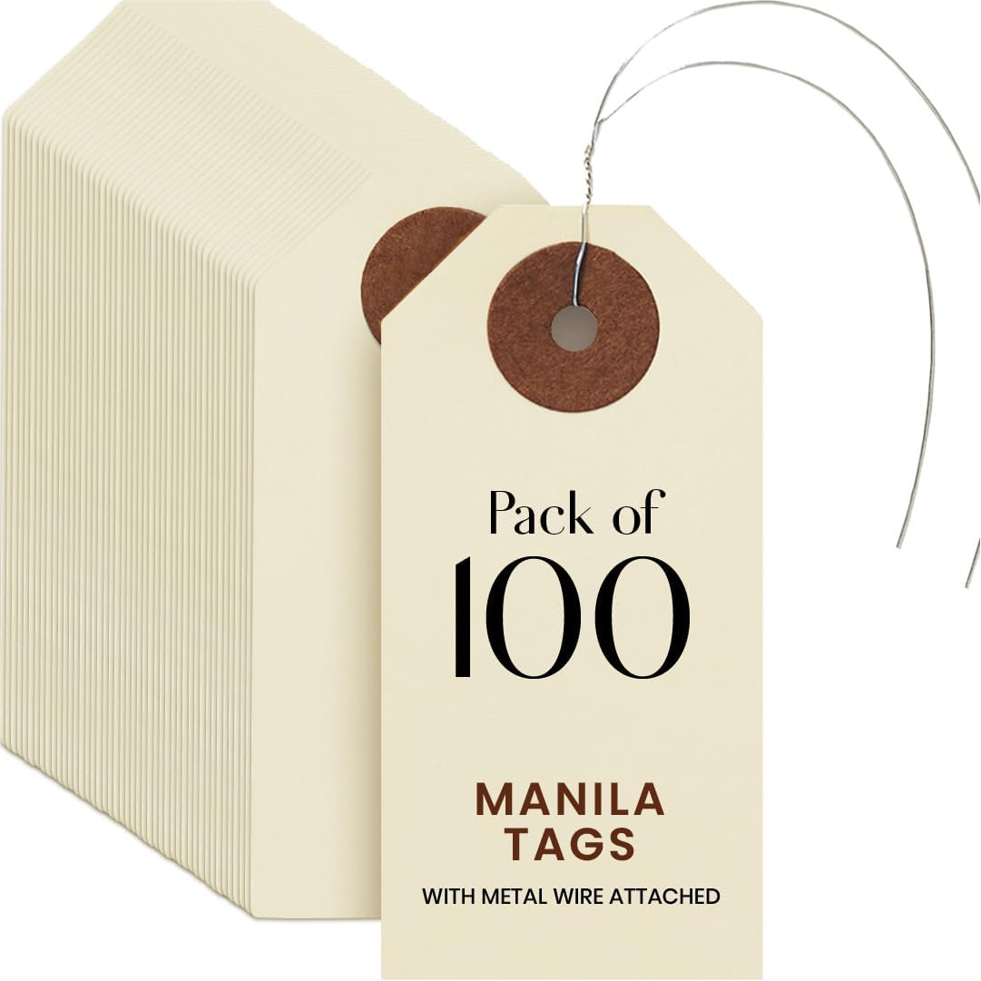Blank Manila Shipping Tags with Pre-Attached Wire Hangers, Set of 200, Size #5, 9pt Paper Cardstock Hang Tag Label with Reinforced Eyelets, 4 3/4" x2 3/8" (Pack of 2)