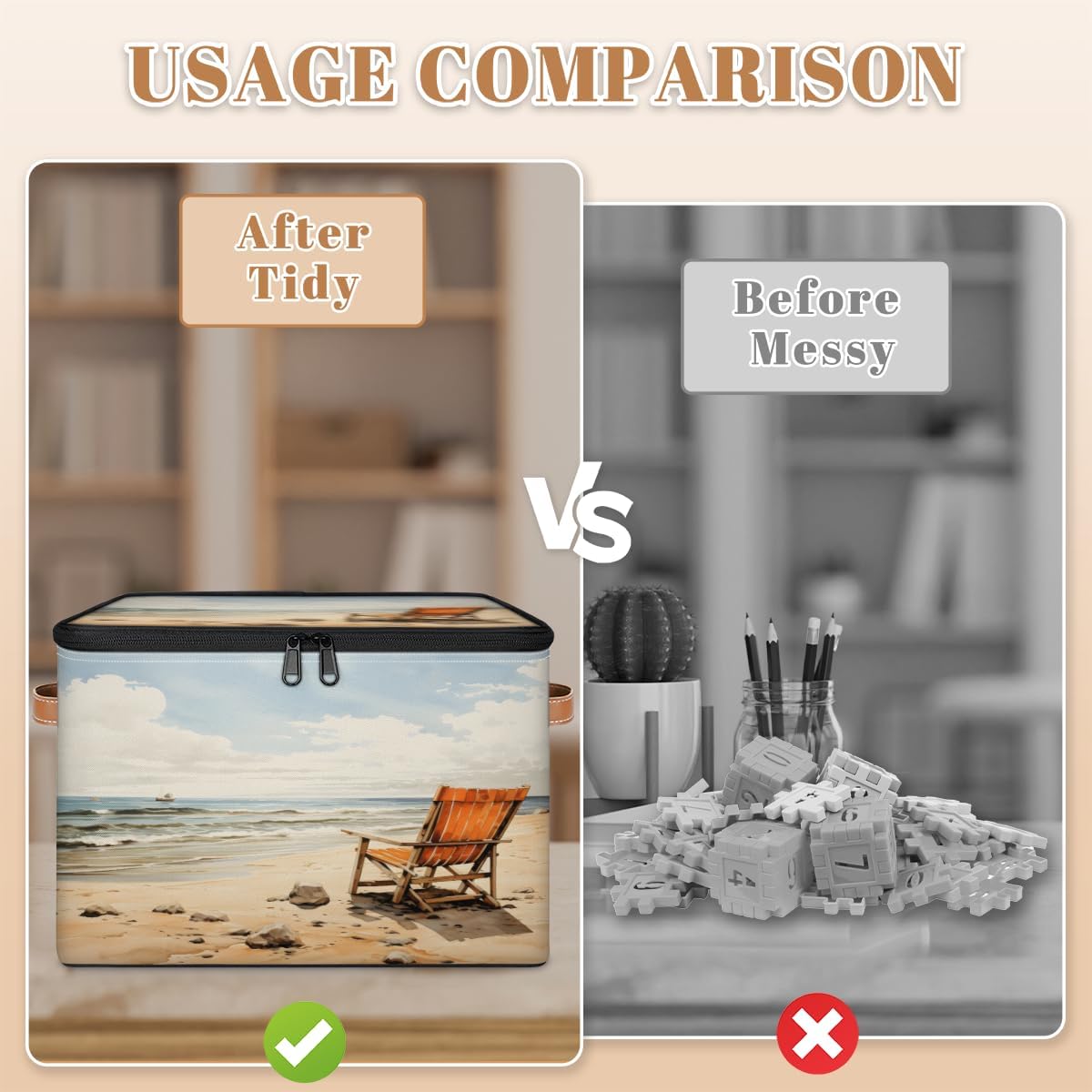 Storage Bin Set of 2 Summer Beach Storage Basket with Zipper Lid & Handle Foldable Closet Shelf 2 Pack Cloth Organizer Basket Cube Bins Clothes Organizer for Bedroom, Nursery