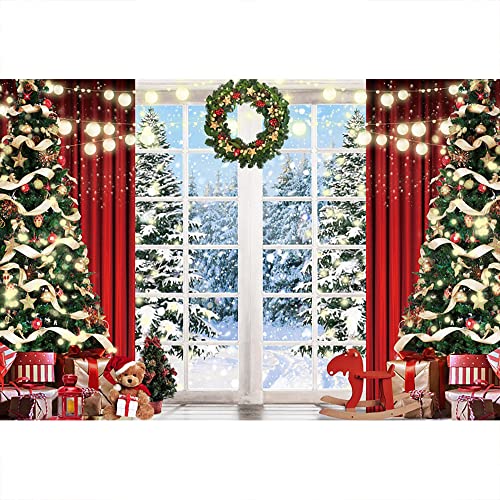 Aoihrraan 3x2m Noël Rebord De Fenêtre Photographie Toile De Fond Noël Arbre Couronne Rouge Rideau Cadeau Hiver Forêt Neige Vue Fond Nouveau Année Festival Famille Fête Portrait Photo Accessoires