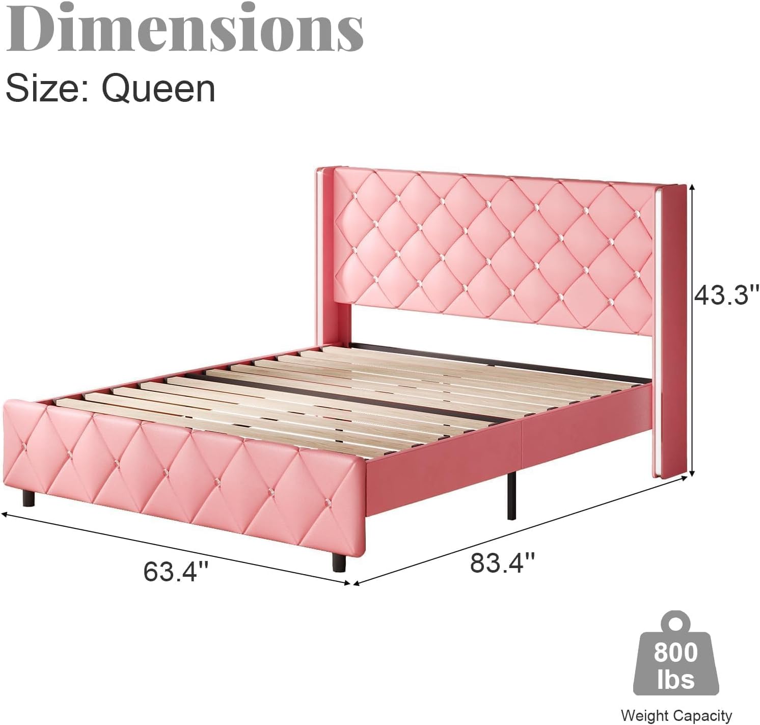 Diagram showing the dimensions of the Queen size bed frame: 83.4 inches length, 63.4 inches width, and 43.3 inches height, with an 800 lbs weight capacity.