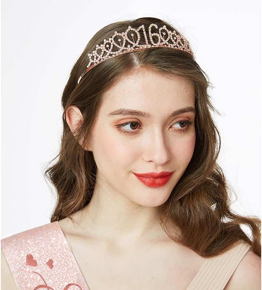 Ensemble Couronne Et écharpe Sweet 16 - Diadème Strass Rose + écharpe Satin, Cadeau 16 Ans Fille