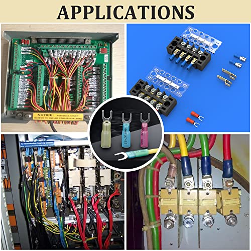 100Pcs 16-14 Awg Marine Grade Heat Shrink Fork Connectors, ＃10 Tinned Copper Heat Shrink Fork Terminals, Insulated Electrical Spade Crimp Fork Wire Connectors (Blue Awg16-14) #TOP6