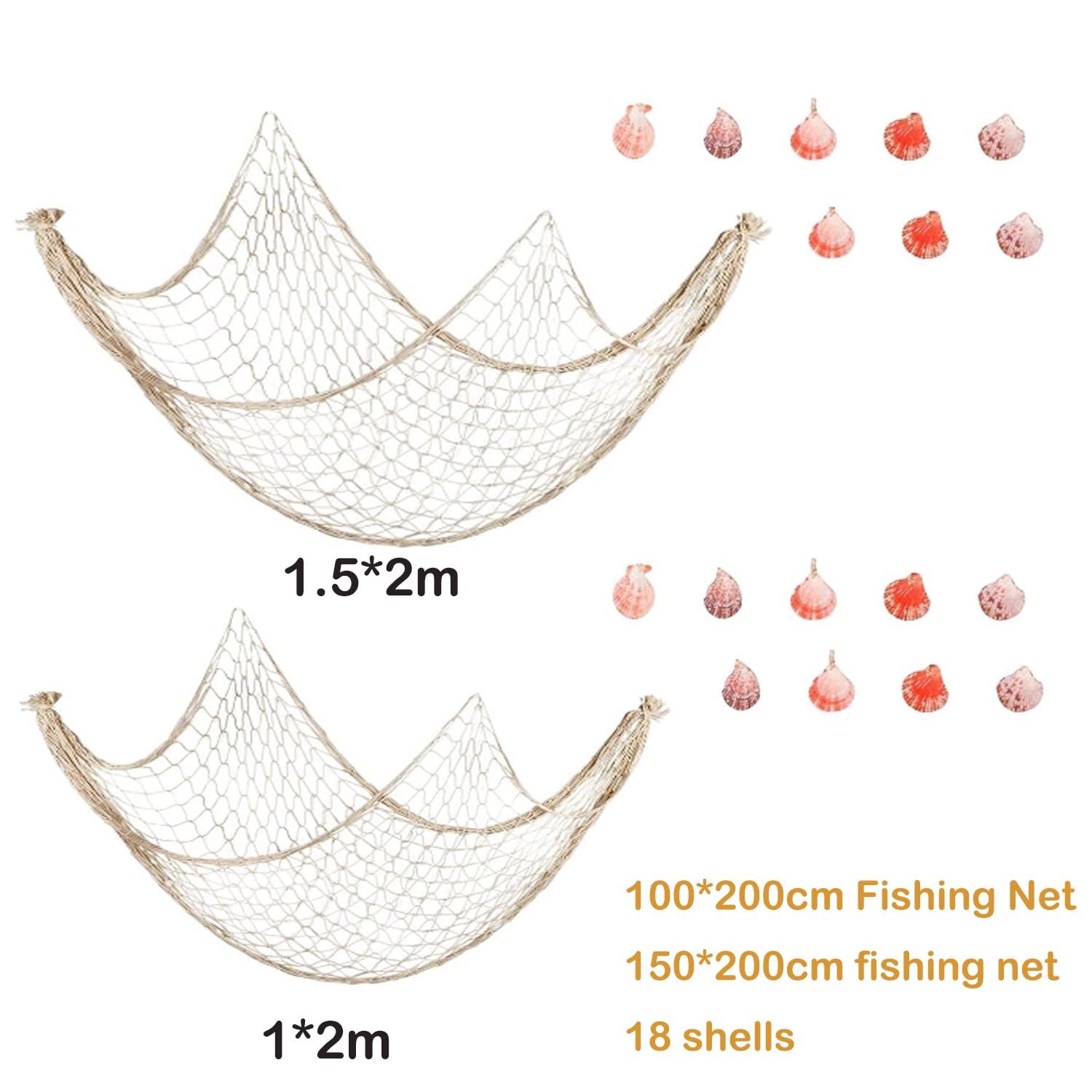 YULIAO 2 Pezzi Rete Decorativa Mare con Conchiglie, Beige Rete da Pesca Decorativa in Stile Mediterraneo, Rete da Pesca per Decorazione Feste, per la Tua casa o Ristorante (200x150cm e 200x100cm)