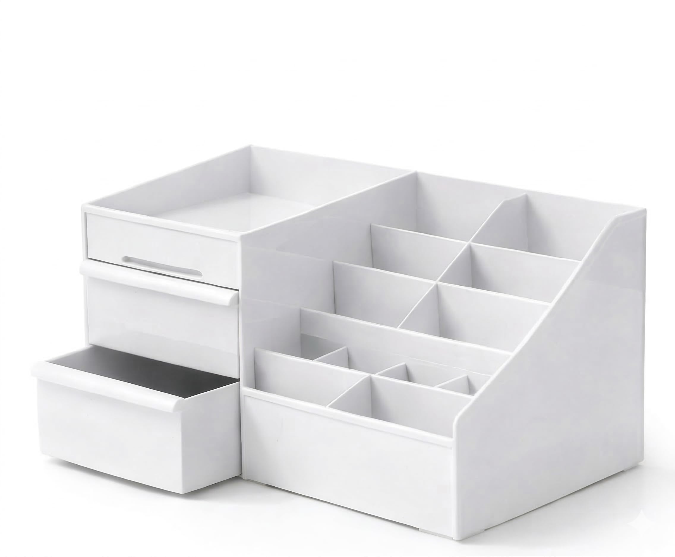 Multi-Tiered Makeup and Desk Organiser, White, with Drawers and Multi-Compartment Storage, Vanity Countertop Display-image-28