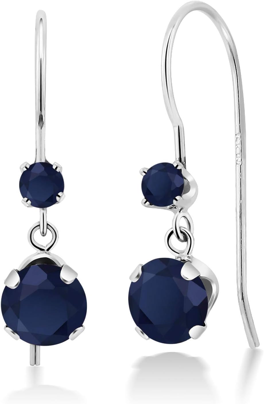 Gem Stone King 14K White Gold Blue Sapphire French Wire Dangle Hook Earrings For Women (1.32 Cttw, Gemstone September Birthstone, Round 5MM and 2.5MM)
