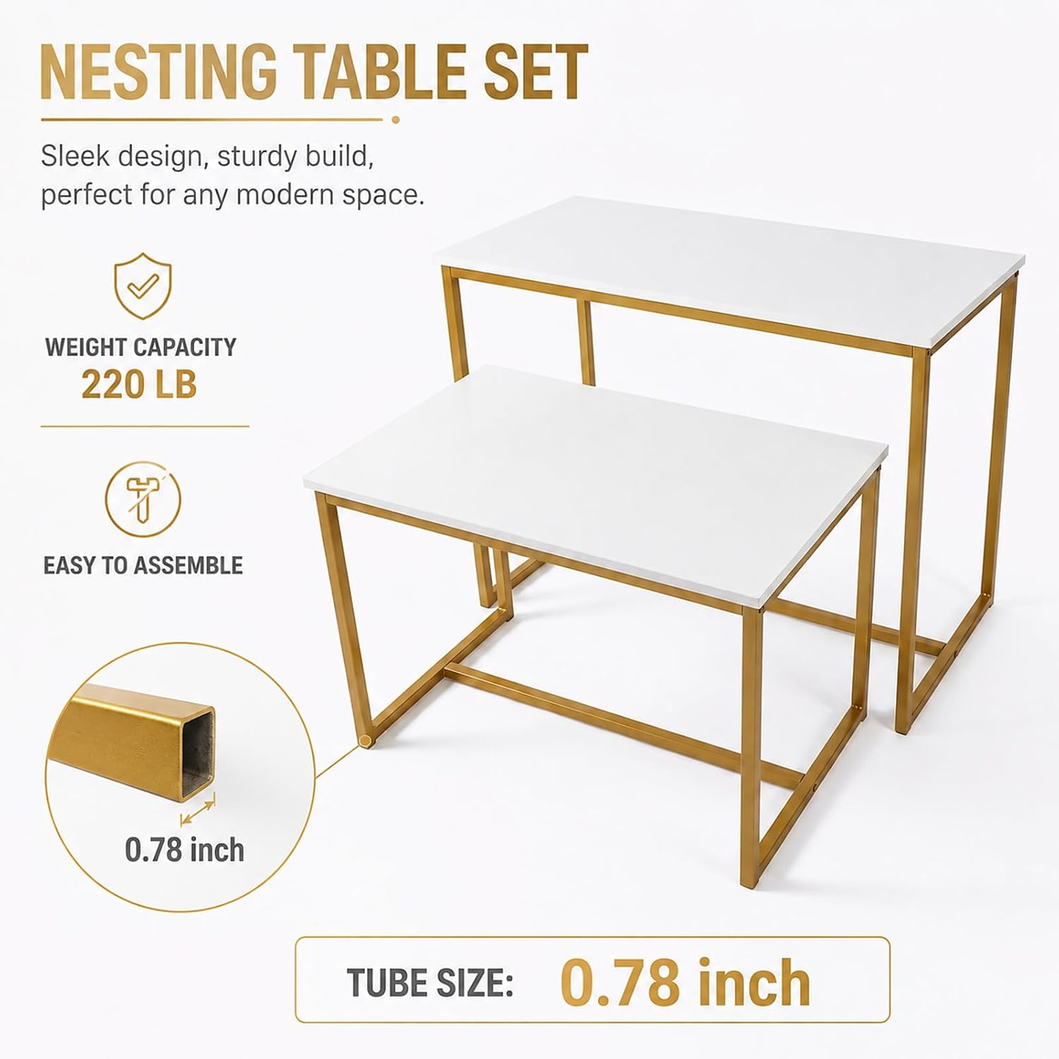 Set of 2 Nesting Rectangular Retail Display Tables with Gold Iron Frame and White Wood Board, Stacking Structure for Merchandise Exhibits, Weddings, and Party Decor