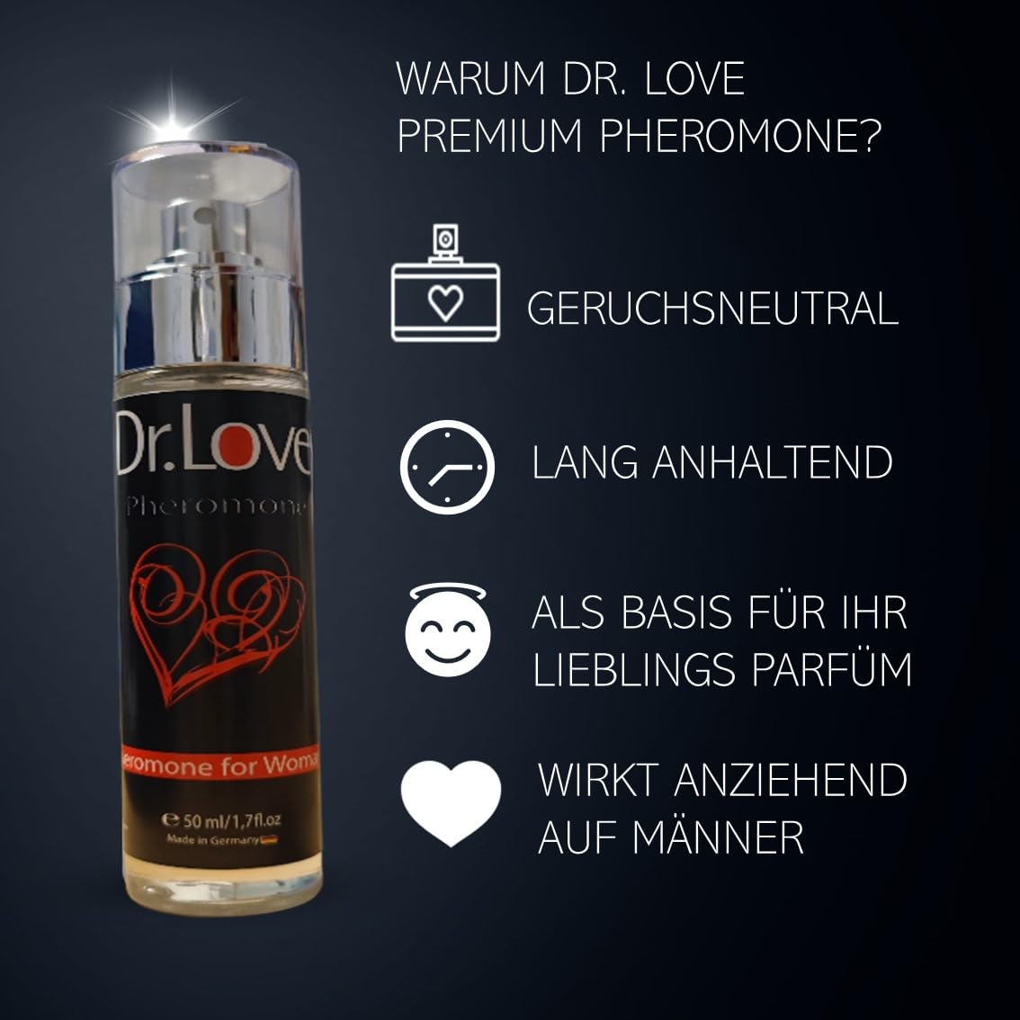 Dr.Love® Luxus Pheromone-Parfüm | 50ml | Für Frauen | als Basis zur Kombination mit Lieblingsparfüm | Perfekt für romantische Dates | Made in Germany