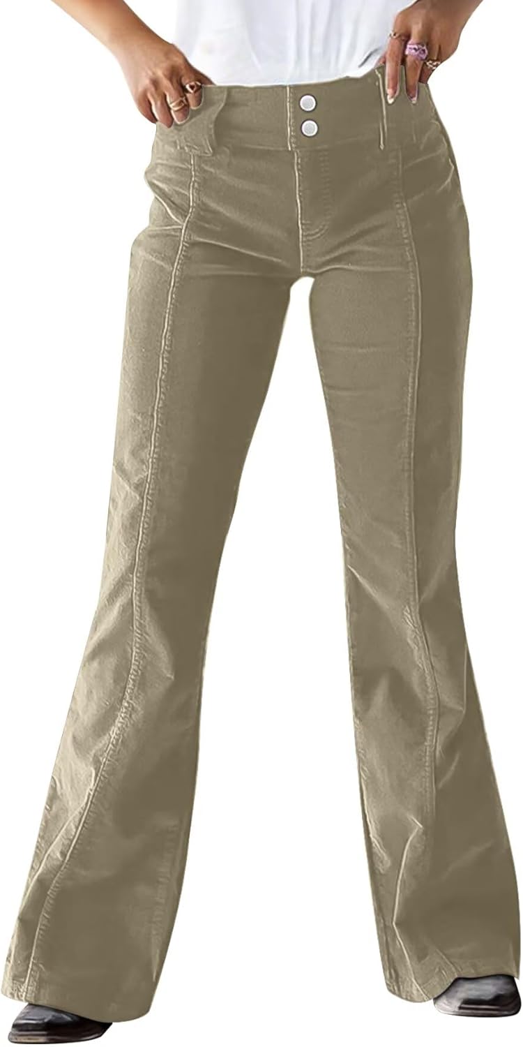 Flamingals Mid Rise Corduroy Pants for Women Seam Front Double Button Work Trouser Flare Pants Trendy