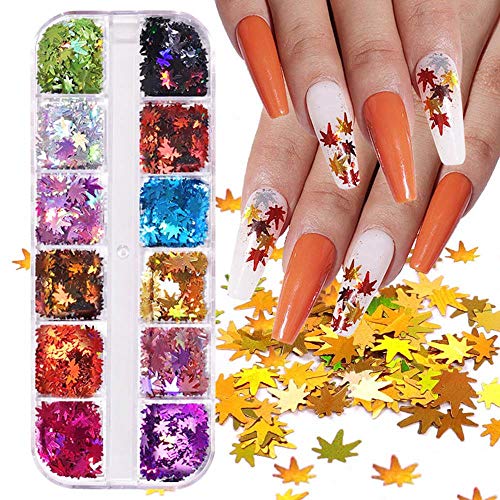 BFY Fall Nail Art Stickers Decals Maple Leaf Glitter Fall Nail Art Supplies Nails Decorations Manicure Tips Accessories 12 Colors Autumn Gradient Leaf Holographic Nail Sequins for Acrylic Nails Design
