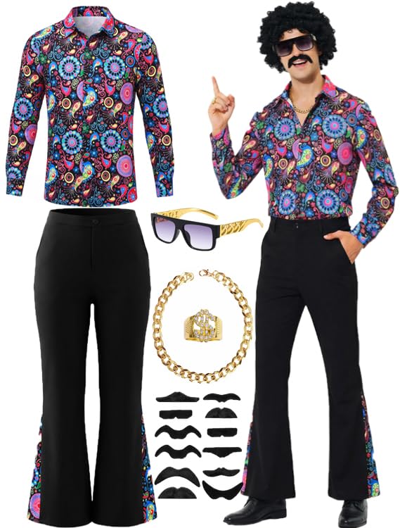 Disfraz de discoteca de los 70 para hombre, conjunto con camisa y pantalones acampanados, accesorios, disfraz de los años 70 para adultos, disfraz hippie para Halloween carnaval fiesta (Color 3, L)