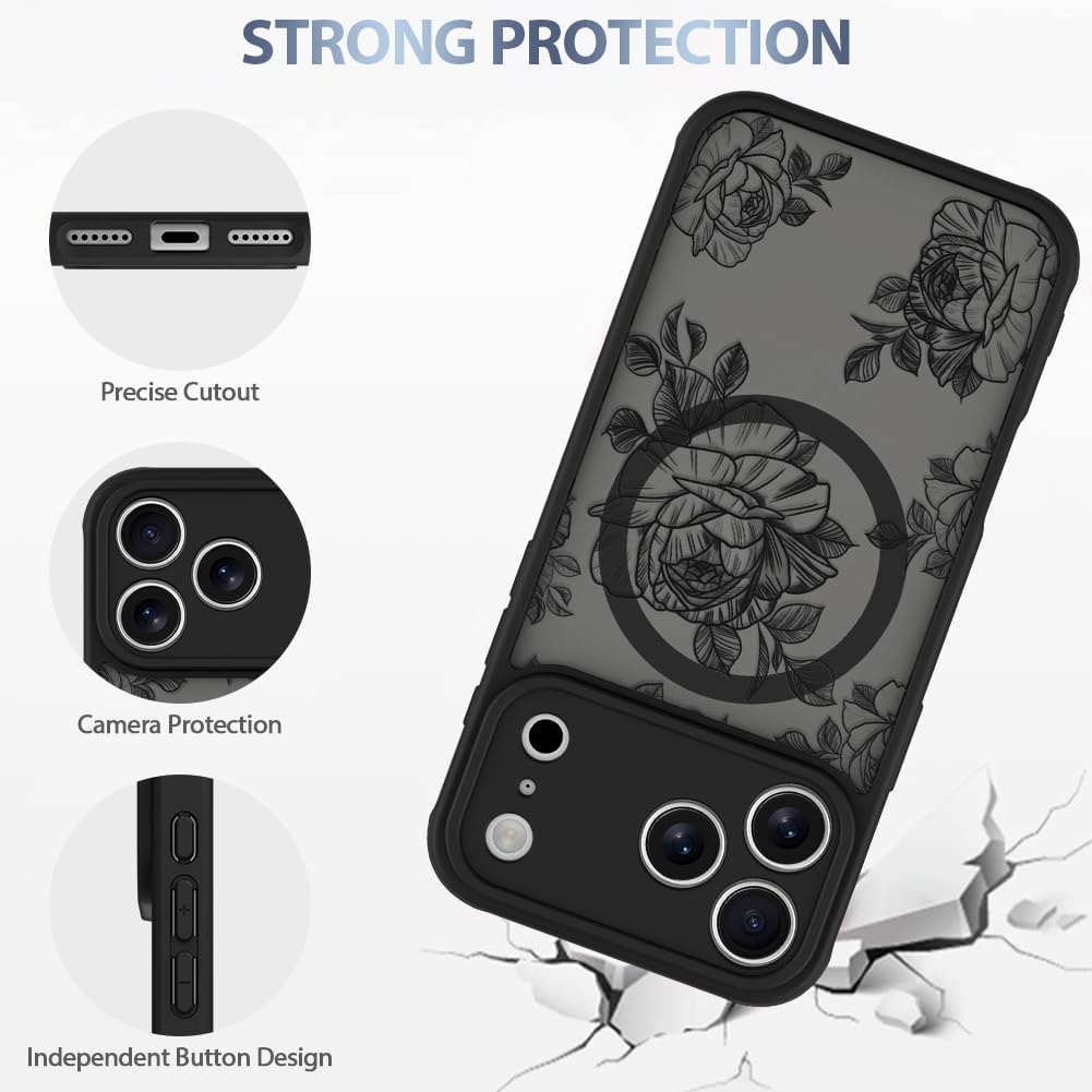 AIGOMARA Case Made for iPhone 17 Pro [Compatible with MagSafe] Black Flower Floral Pattern Design for Women Girls Soft TPU Bumper Hard PC Back Anti-Fall Shockproof Protective Slim Magnetic Cover - Image 4