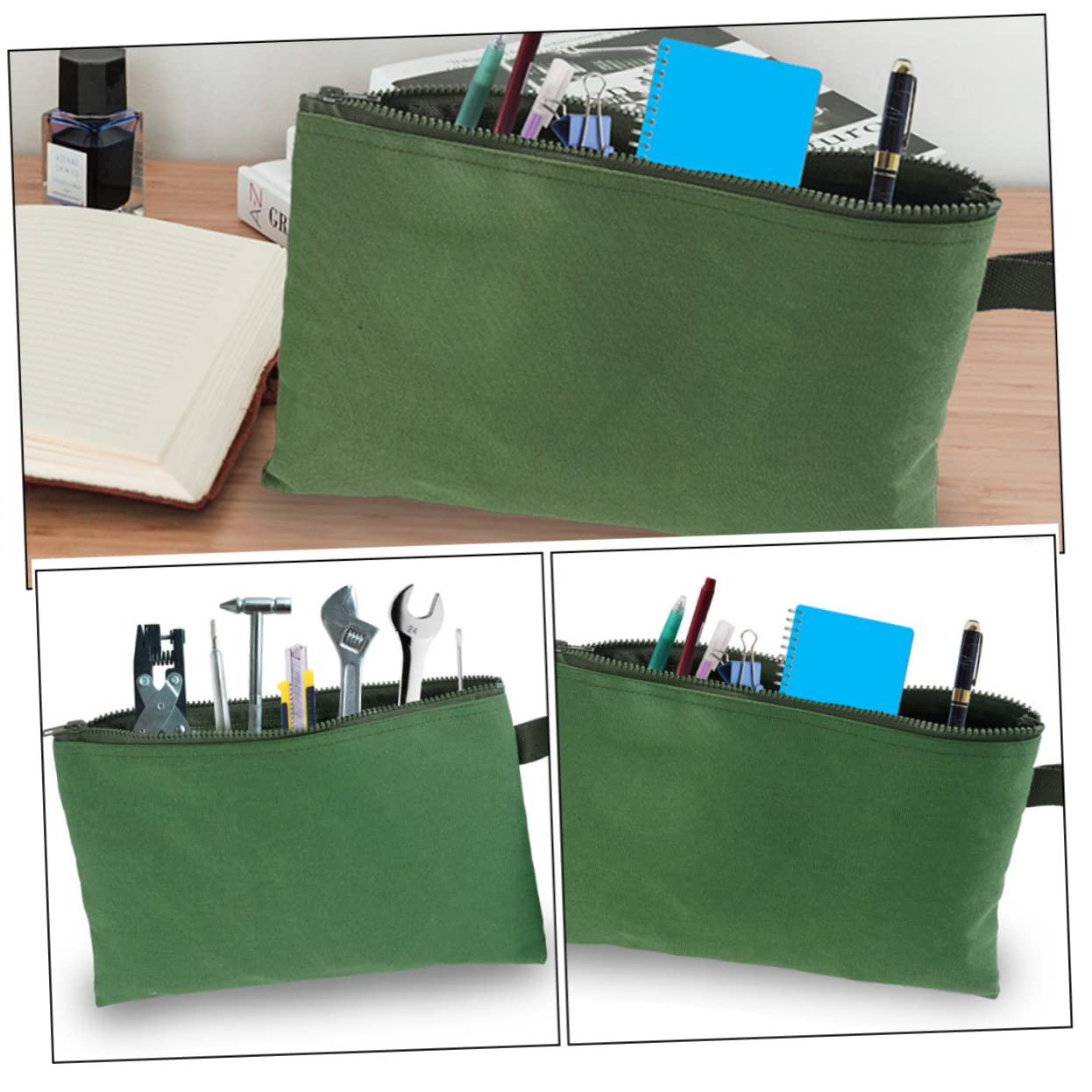 Bolsa para Herramientas de Lona Verde Cremallera, 6 Unidades
