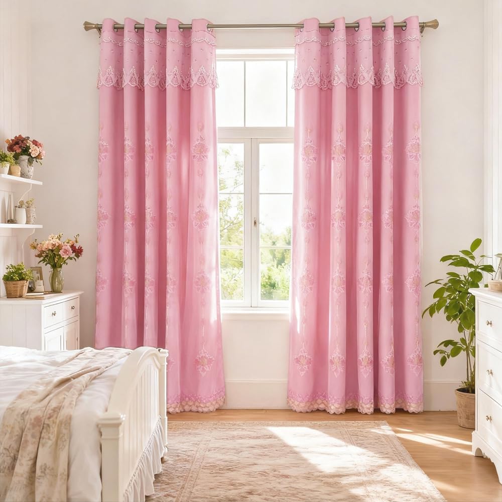 Amidoudou 1 Pair European Luxury Double Layered Curtain High-Blackout Embroidered Curtains with Valance for Living Room Bedroom Balcony (Pink,59x106 Inch)