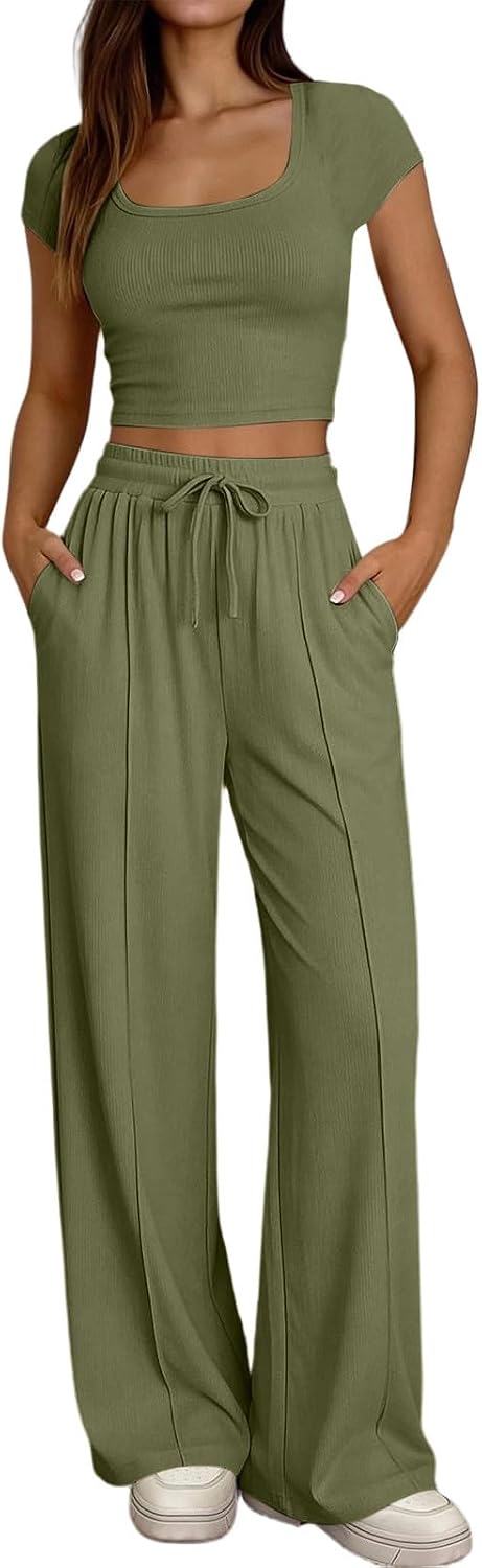 2 Piece Matching Summer Sweatsuit for Women Wide Leg Pants with Pockets Square Neck Slim Fit Crop Top Lounge Set