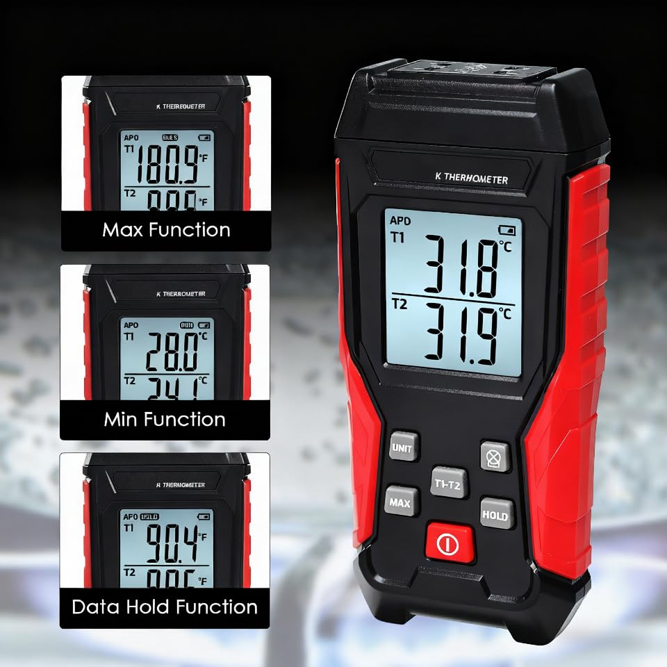 Miniatura 2 de Termómetro de termopar, termopar digital de canales duales con 4 sondas de termopar tipo K, pantalla de retroiluminación LED, rango de medición de