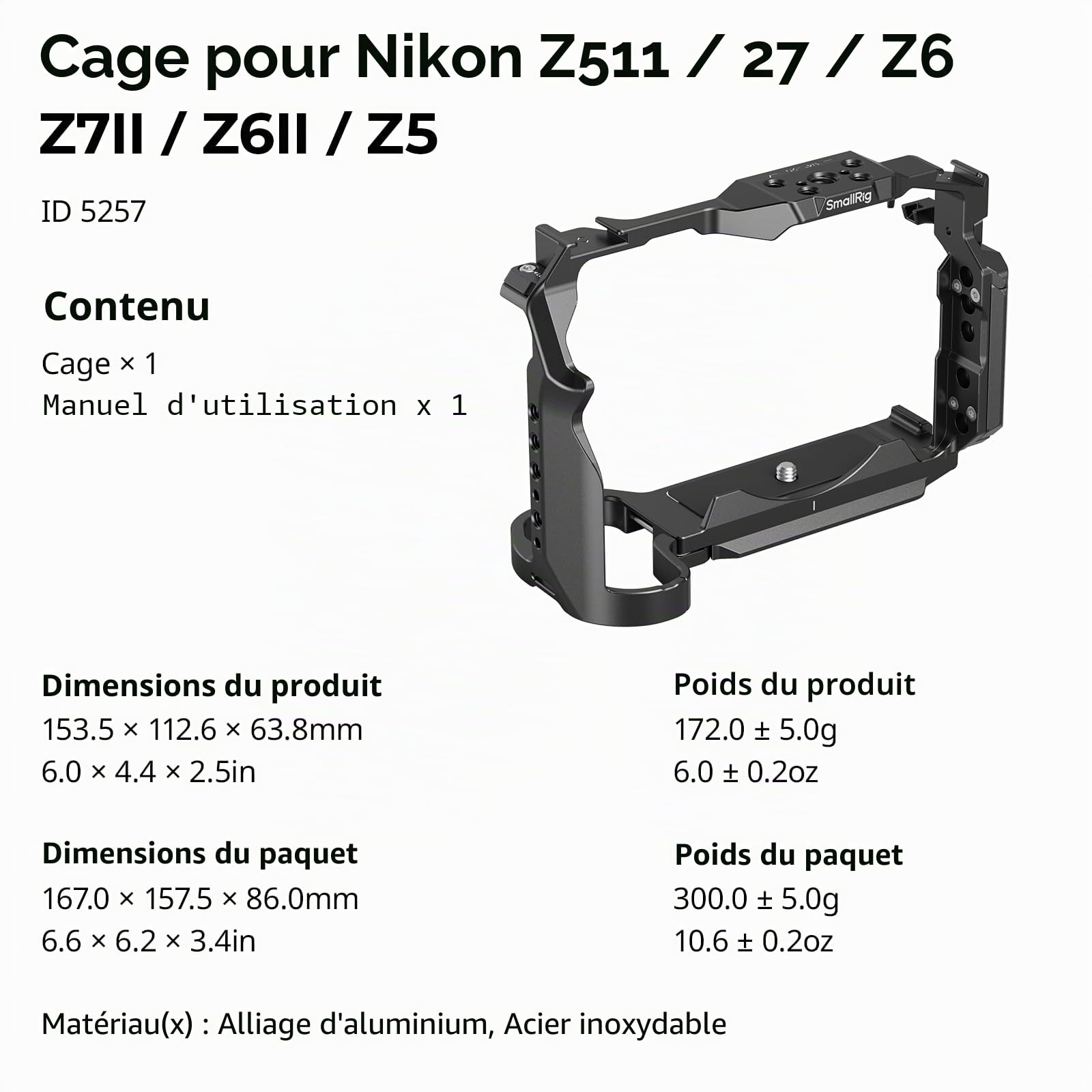 SMALLRIG Cage pour Nikon Z5 II, Z5, Z6, Z6II, Z7, Z7II, Cage en Alliage d'Aluminium avec Support pour Griffe, Trous filetés 1/4''-20 et 3/8''-16, Plaque de Fixation Rapide pour Arca-Swiss - 5257