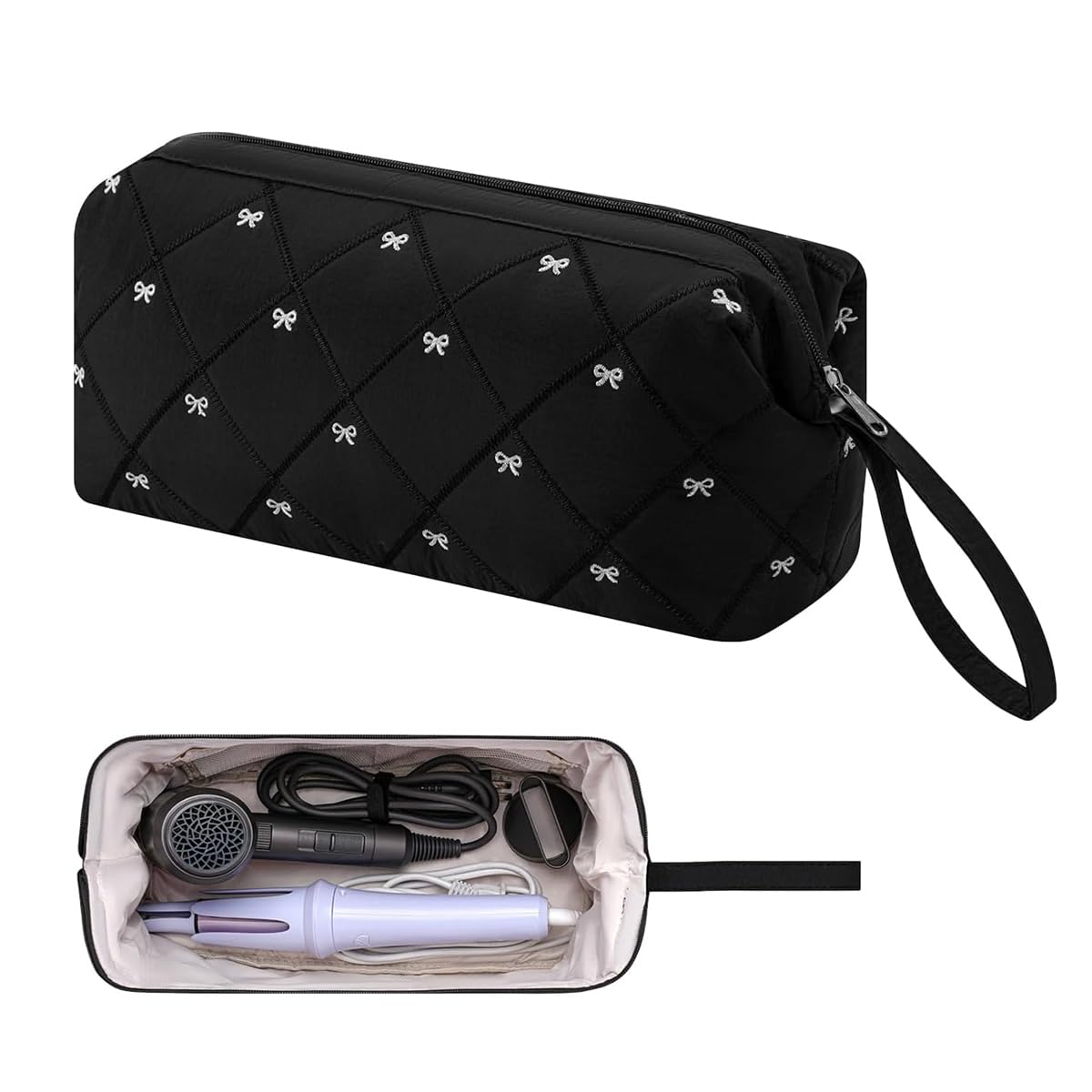 MAYCREATE® Hair Dryer Storage Bag Hair Styling Tool Travel Organizer Bags Zipper Storage Bag Sweet Bow Quilted Cotton Organizer Bags, 35x20x15cm, Black-image-4