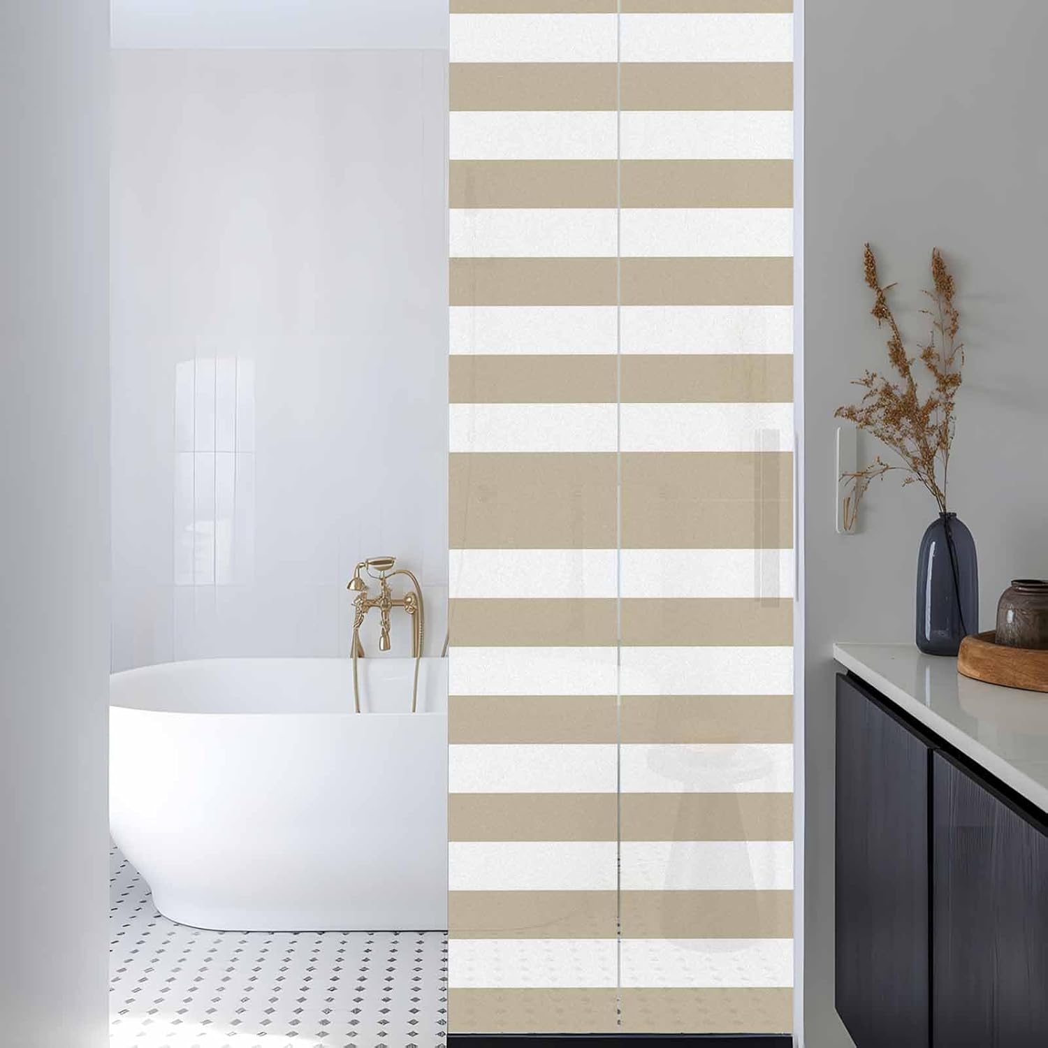 Khaki and Window Privacy Film White Stripe Decorative Glass Window Film UV Blocking Static Cling Non-Adhesive Sticker Covering for Home Door 29.5 x 118 inches