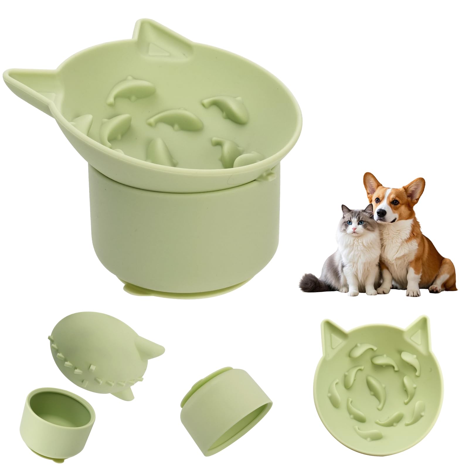 QUMENEY Elevated Slow Feeder Cat Bowl Silicone Raised Slow Feeder Cat Bowls Multi-Angle Tilt Design with Anti Skid Mat for Neck Support for Pets Puppy Dogs (Green)