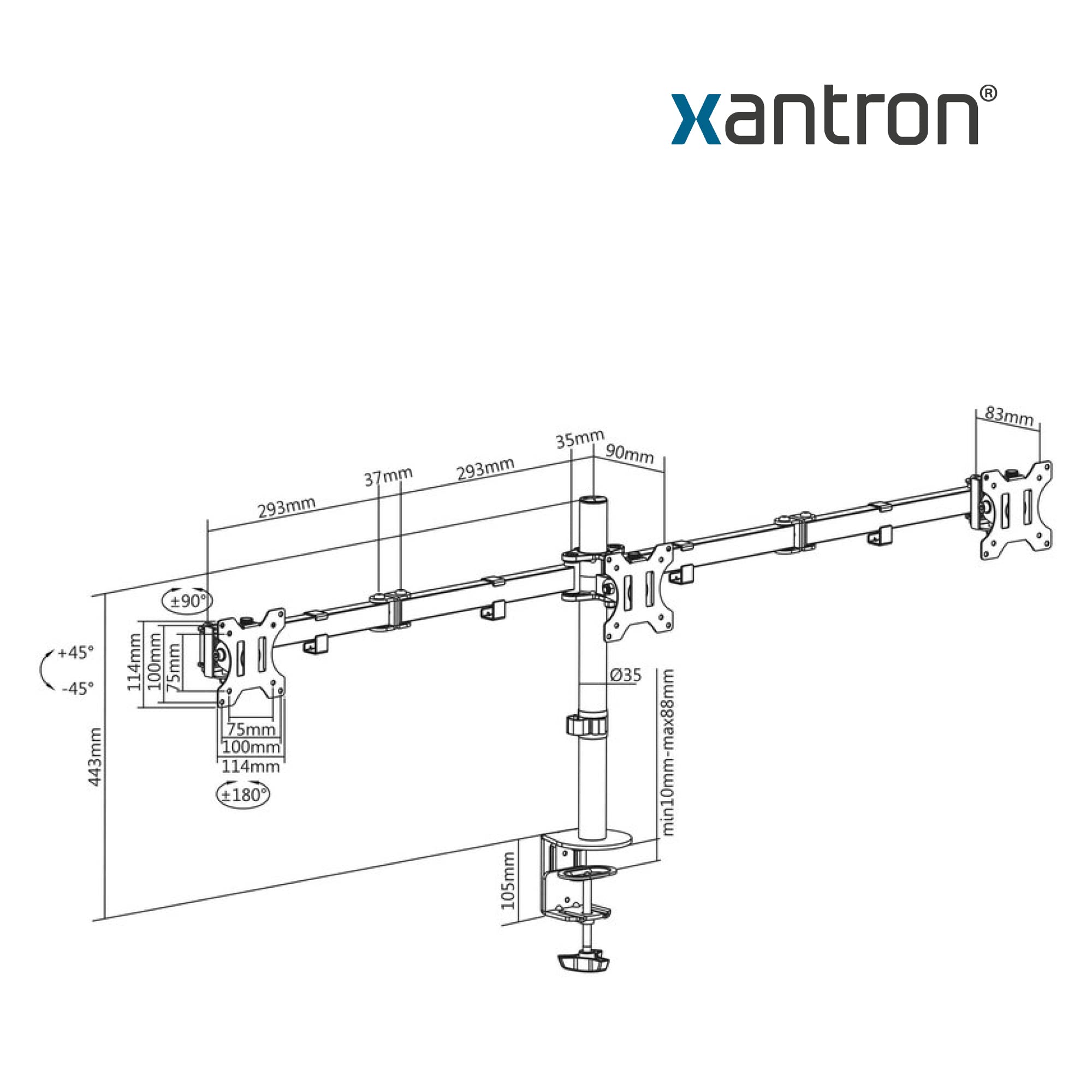 Xantron® ECO-E03 Support ecran PC 3 ecran 13-27 Pouces ou VESA 75x75 & 100x100 / Support Triple ecran/Triple ecran PC s'adapte à Chaque Table - matériel de Montage Inclus