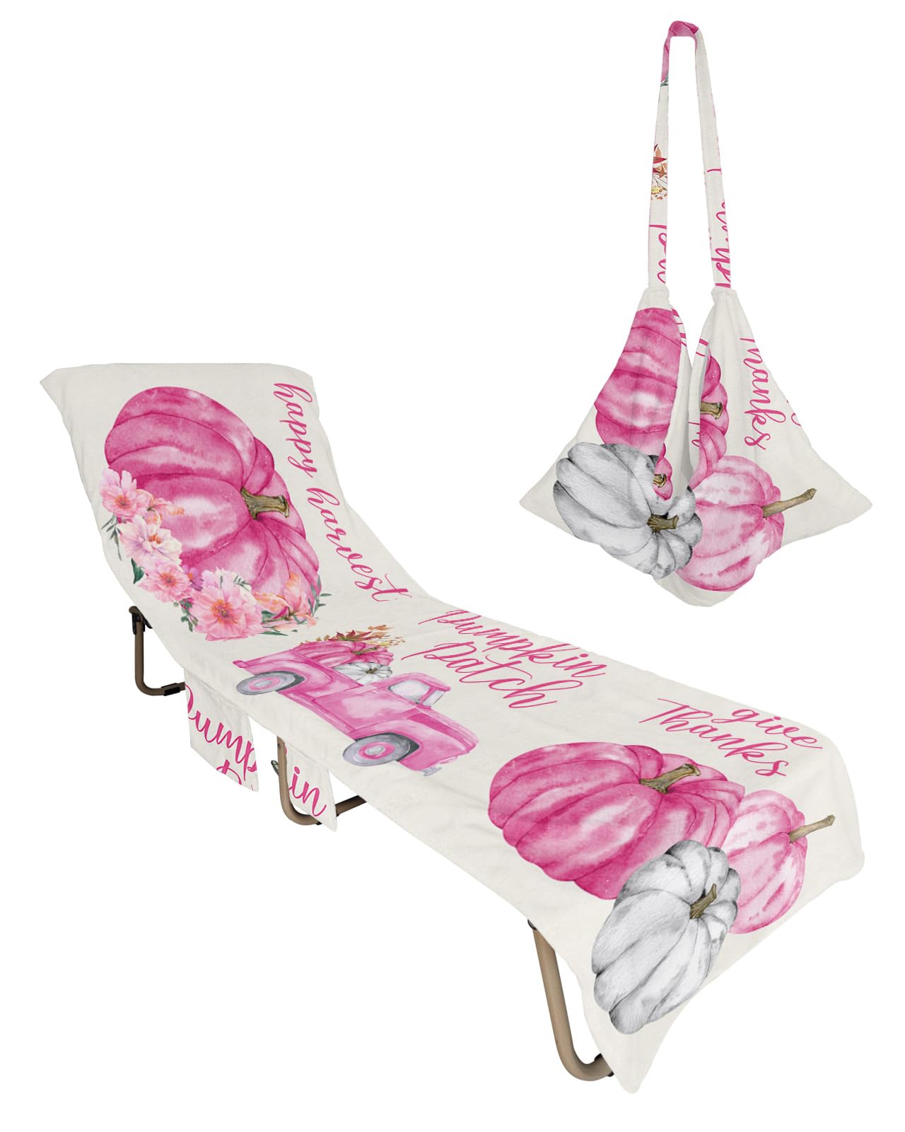 Thanksgiving, Beach Lounge Chair Towel Cover, Soft Chaise Lounge Towel with Side Pockets Patio Pool Chairs Cover for Beach/Pool Sunbathing 29x85 Fall Pink Pumpkin Truck Eucalyptus Flower