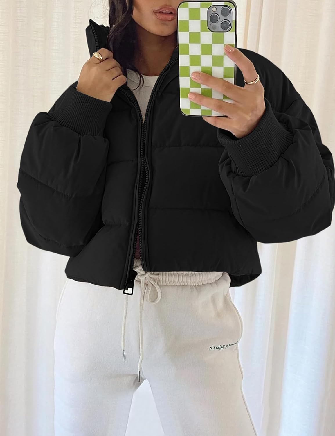 Gihuo Women's Winter Puffer Jacket Cropped Lightweight Zip Up Padded Coat Oversized Stand Collar Short Quilted Jackets - Image 3