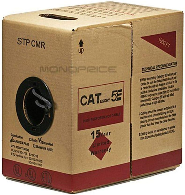 Monoprice Cat5e Ethernet Bulk Cable - Network Internet Cord - Stranded, 350Mhz, STP, CM, Pure Bare Copper Wire, 24AWG, 1000ft, Gray