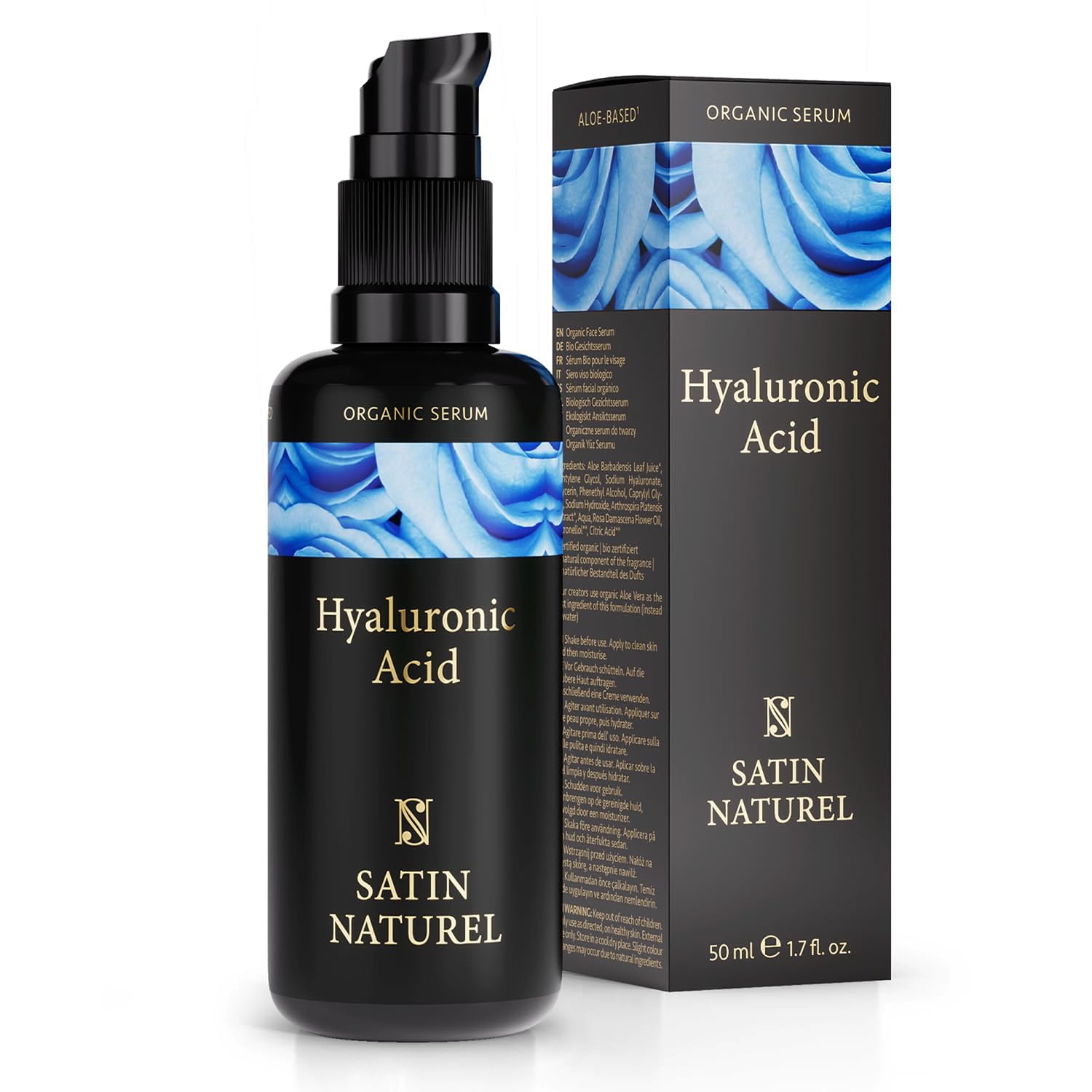 Satin Naturel Hyaluron Serum Hochdosiert 50ml – Bio Hyaluronsäure Serum Gesicht – Anti-Aging Feuchtigkeitsserum – Vegan – 24h Feuchtigkeit – Gesichtspflege für Frauen und Männer