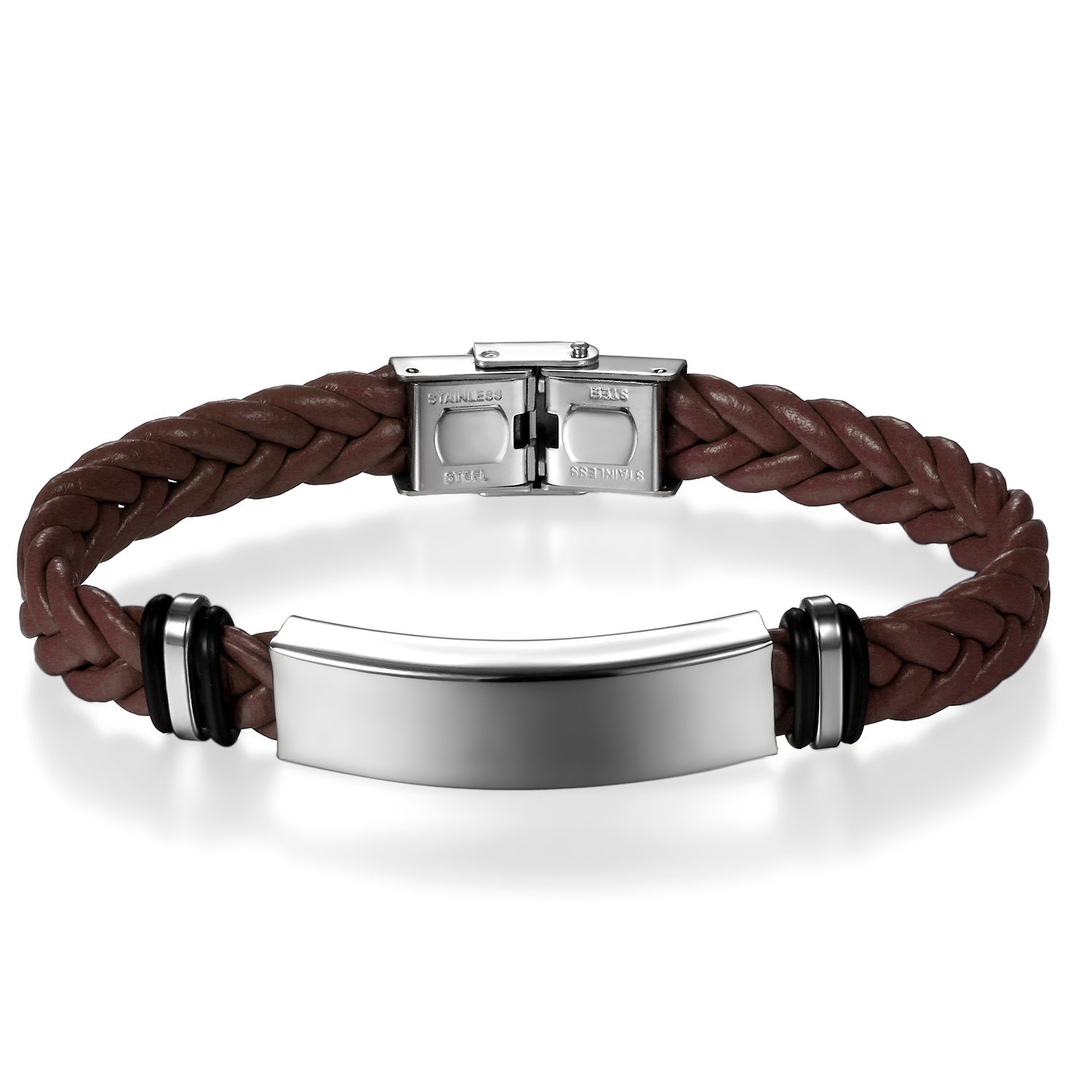 JewelryWe JewelryWe Personalizada Unisex Pulsera Cuerda: Pulsera de Moda Simple de Cuero Trenzado de Acero Inoxidable Grabable Marrón Negro - para Uso Diario Regalo