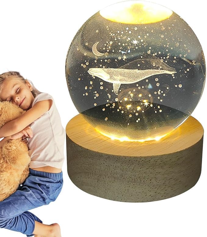 Image of 3D Whale Crystal Ball Night Lamp, Solar System USB Table Colorful LED Wooden Light for Home, Office, Birthday Gift