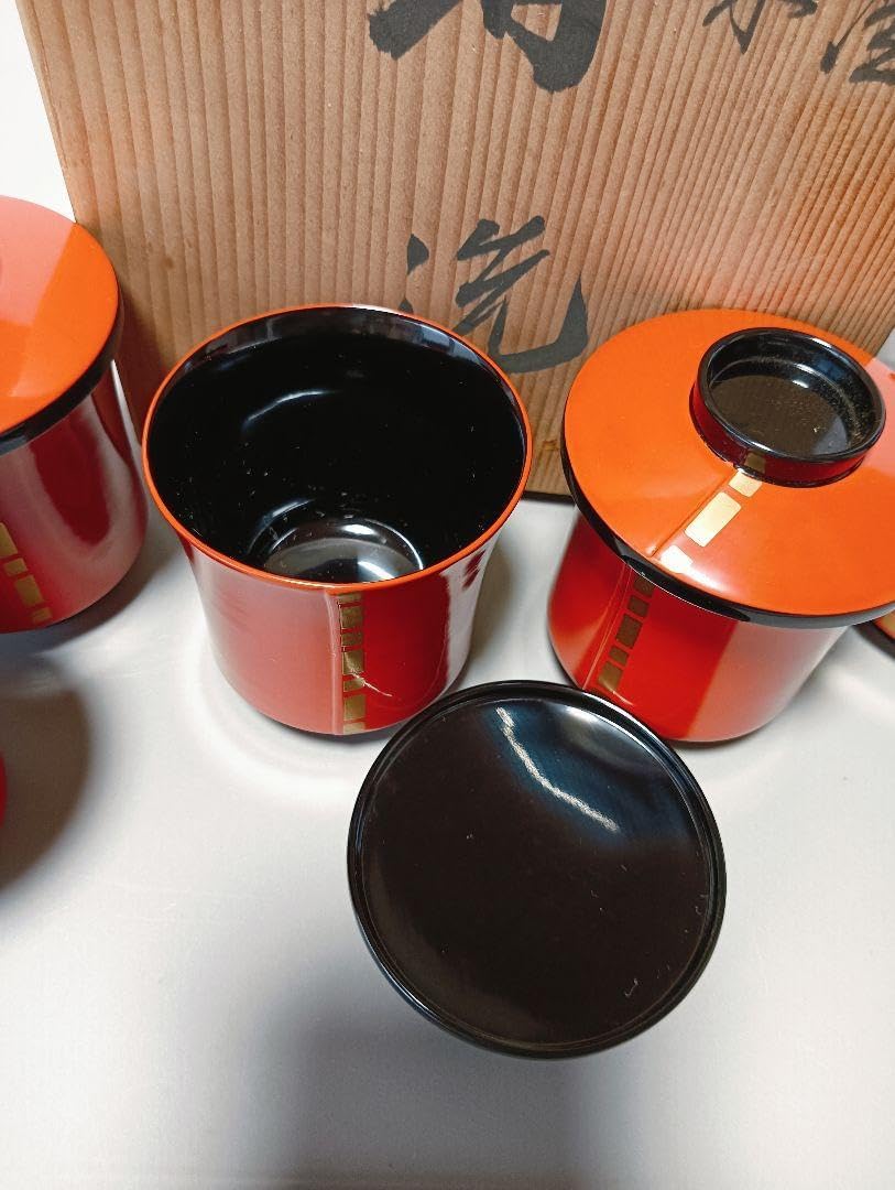 未使用 茶道具 輪島塗 金継 箸洗 五客 木製朱塗 内黒 小吸物椀 和食器共箱 茶道具 輪島塗 金継 箸洗 五客 木製朱塗 内黒 小吸物椀 和食器共