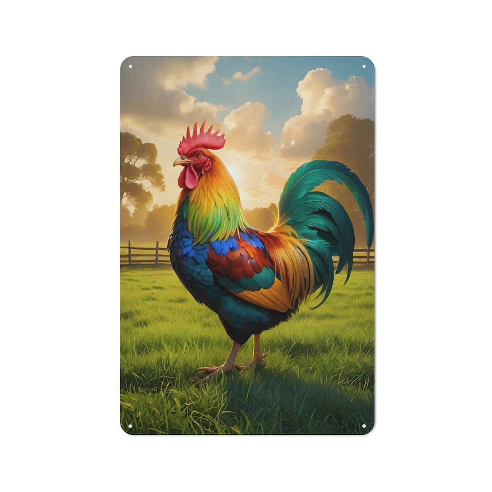 Junmoney Rainbow Rooster At Sunrise Tin Wall Sign With Design 30X20cm, Classic Kitchen Wall Decor For Restaurant, Kitchen, Counter Or Breakfast Nook
