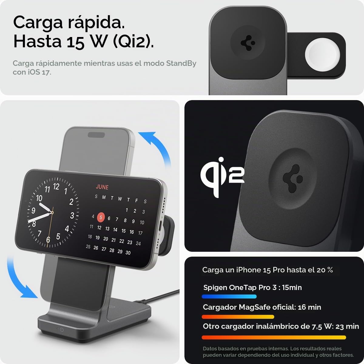 Spigen OneTap Pro 3 MagFit Soporte de MagSafe Carga Inalámbrica Rápida 3 en 1, Modo Standby iOS 17, Compatible con Modelos de iPhone 16,15,14,13,12, AirPods Pro 3 - Negro